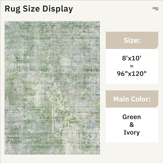 Abstract Rug 8x10 Large Living Room Rugs Neutral Modern Washable Area Rugs for Bedroom Dining Room Non-Slip Stain Resistant Foldable Thin Rug Green