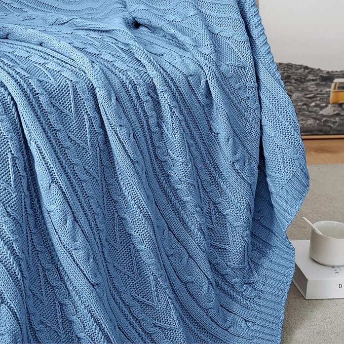 Aormenzy Dusty Blue Cable Knit Throw Blankets for Couch Bed Sofa, Acrylic Knitted Blanket, Soft Cozy Throw Blanket, 50" x 60"
