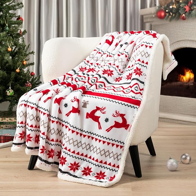 PAVILIA Premium Christmas Sherpa Throw Blanket | Christmas Decoration Gift, Fleece, Plush, Warm, Cozy Reversible Microfiber Holiday Blanket | White Reindeer - 60x80 Twin