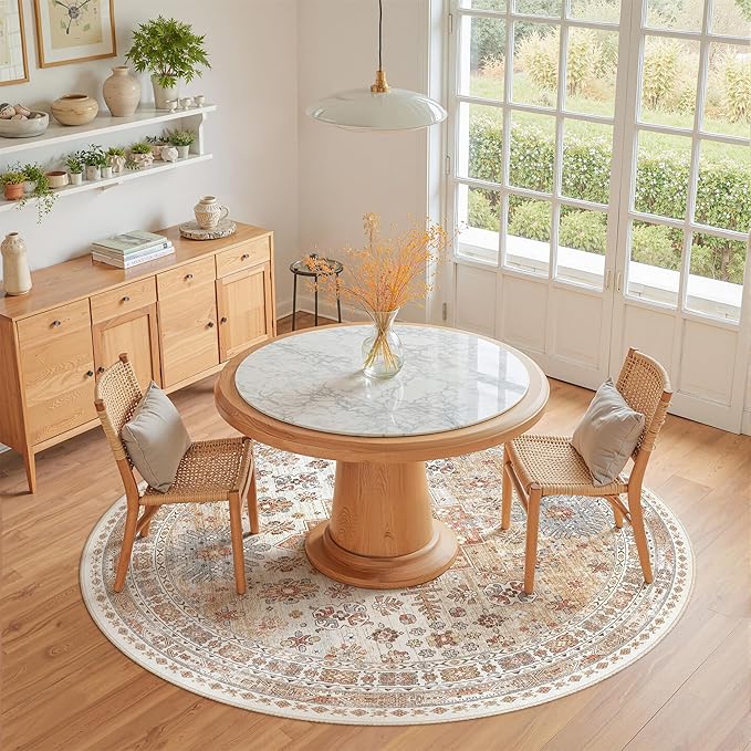 zesthome Washable Round Rug - 5ft Ultra-Thin Circle Area Rugs, Vintage Non-Slip Low Pile Rug for Living Room, Stain Resistant Rug for Bedroom, Entryway, Kitchen, Nursery