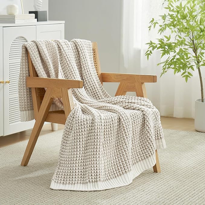 Amélie Home Waffle Chenille Throw Blanket for Couch, Pineapple Stitch Knit Soft Cozy Knit Blanket Decorative Throw for Sofa, Chair, 50"x60", Beige&Ivory