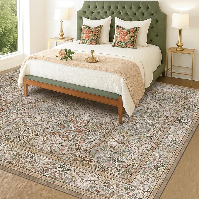 Washable 8x12 Large Living Room Area Rug - Non Pile Floral Design Carpet for Dining Room Under Table, Low Pile Vintage Bedroom Rugs, Forest Stain Resistance (Moss & Brown)