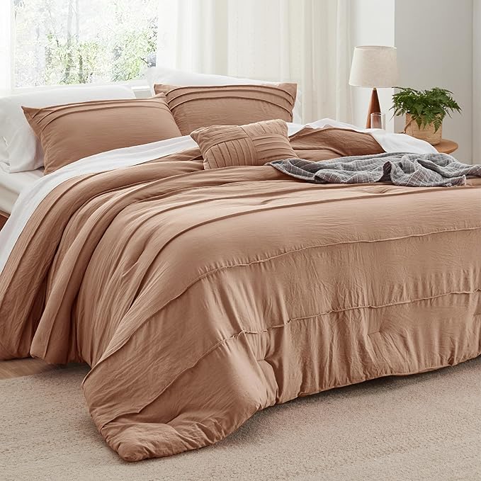 Bedsure King Comforter Set - 4 Pieces Pinch Pleat Bed Set, Taupe Boho Bedding for All Season, 1 Soft Comforter, 2 Pillowcases, 1 Decorative Pillow