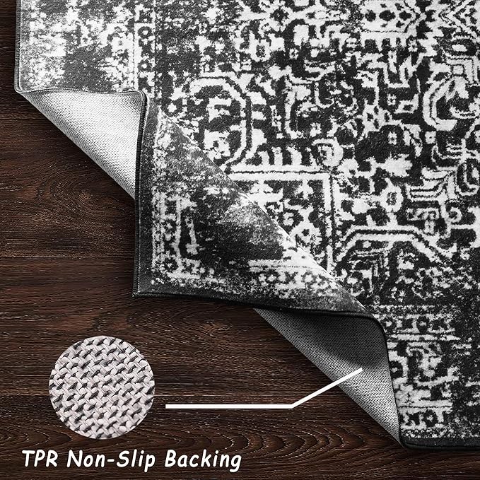 vivorug 8x10 Area Rugs, Stain Resistant Washable Rug for Living Room, Vintage-Inspired Black and White Rug
