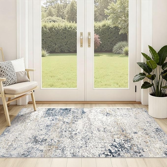Washable Area Rug: 3x5 ft Abstract Small Rugs for Entryway Kitchen Living Room Bedroom - Non Slip Modern Neutral Carpet Indoor Front Door - Beige Blue