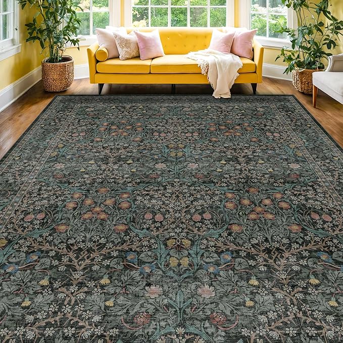 Washable Dark Green Rug for Living Room - 8x12 Large Area Rug for Dining Room Under Table, Bedroom, Soft Low Pile Non-Slip Stain Resistant Carpet - Vintage Floral Décor