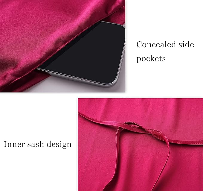 PRODESIGN Satin Kimono Robe Long Silky Bathrobe with Ostrich Feather Trim Sleepwear Wedding Bridesmaid Dressing Gown