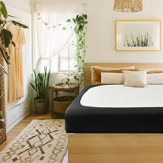 Biscaynebay Decorative Box Spring Cover King & Cal King Size, Black Luxurious Jersey Knitting Stretchy Wrap Around 4 Sides Bed Skirts for Home/Hotels, Easy Fit Wrinkle Free Machine Washable