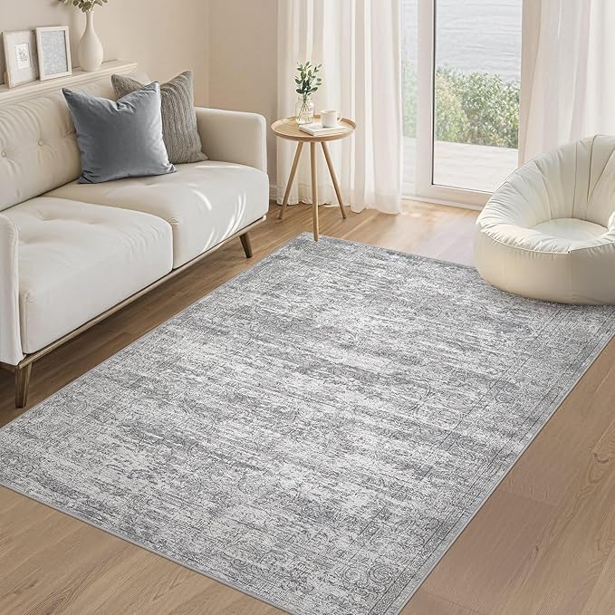Area Rug Living Room Rugs - 4x6 Large Soft Indoor Neutral Modern Abstract Low Pile Washable Rug Carpet for Bedroom Dining Room Farmhouse Home Office - Vintage Grey