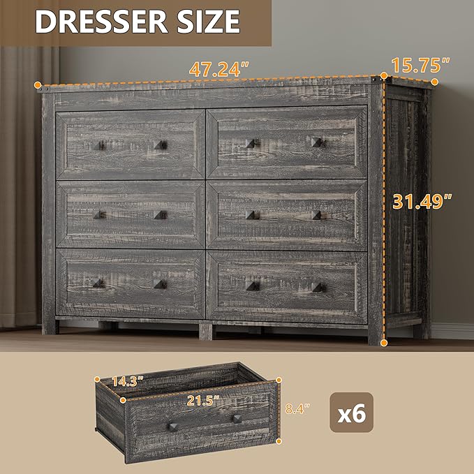 6-Drawer Dresser, Modern Wooden Storage Chest of Drawers, Dresser TV Stand, Wood Drawer Organizer with Metal Handles for Bedroom, Living Room, Hallway
