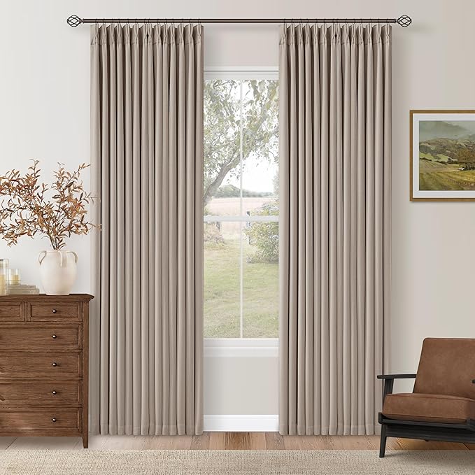 Memory Trained Pinch Pleated 100% Blackout Linen 80 Inch Curtains for Bedroom Room Darkening Light Blocking Burlywood Tan Window Curtain 80 Inches Long Living Room Black Out Pleat Drapes Dual Layer