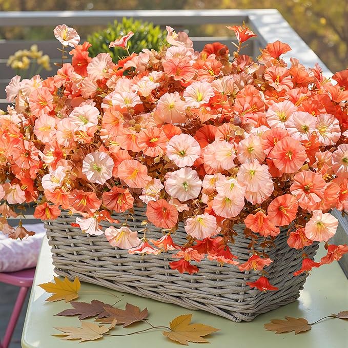 Fake Mums Fall Artificial Flowers Plants for Outdoors Autumn Decoration, 12 Bundles Silk Morning Glory with Eucalyptus Realistic UV Resistant Faux Mums for Outside Planter Yard Garden Home Indoor, Mix