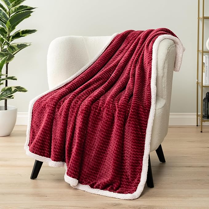 PAVILIA Maroon Red Couch Blanket Throw Reversible Sherpa Chevron, Soft Cozy Jacquard Weave Textured Blanket Sofa Bed, Thick Warm Large Fleece Car Blanket, Plush Home Decor Gift, 50x60 Burgundy Wine