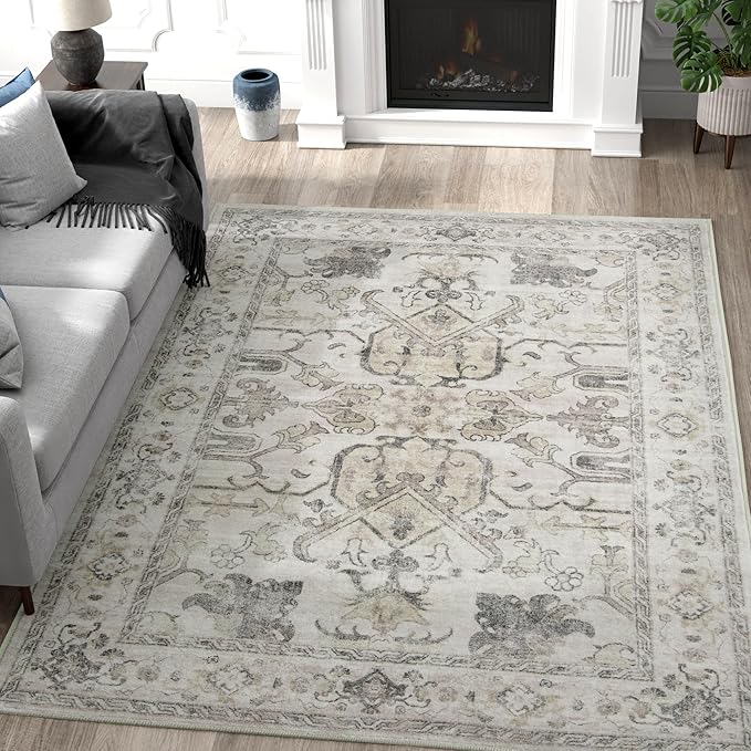 jinchan 4x6 Machine Washable Area Rug Ultra-Thin Soft Throw Rug Low Pile Non-Slip Stain Resistant Distressed Vintage Floral Carpet for Bedroom, Living Room, Dining Room, Kitchen, Nursery(4x6ft, Taupe)
