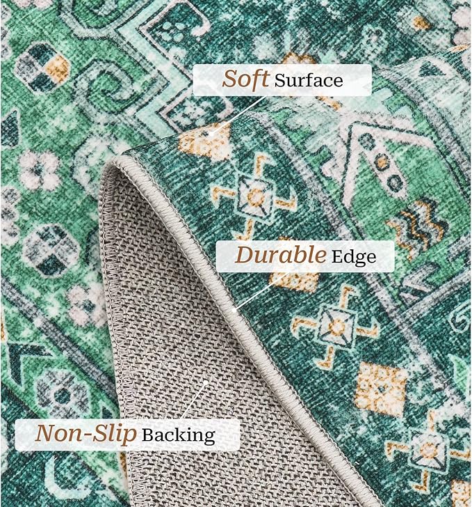 zesthome 8x10 Area Rugs for Living Room,Non-Slip Backing Washable Rugs,Vintage Large Area Rug，Stain Resistant Home Decor Rug(Green/Teal,8'x10')