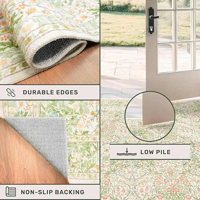 Light Beige Green Botanical Living Room Rug, 7x10 Washable Area Rug for Kids Room, Bedroom, Nursery Room, Living Room, Dining Room, Low Pile Non-Slip - Vintage Design & Fade Resistance