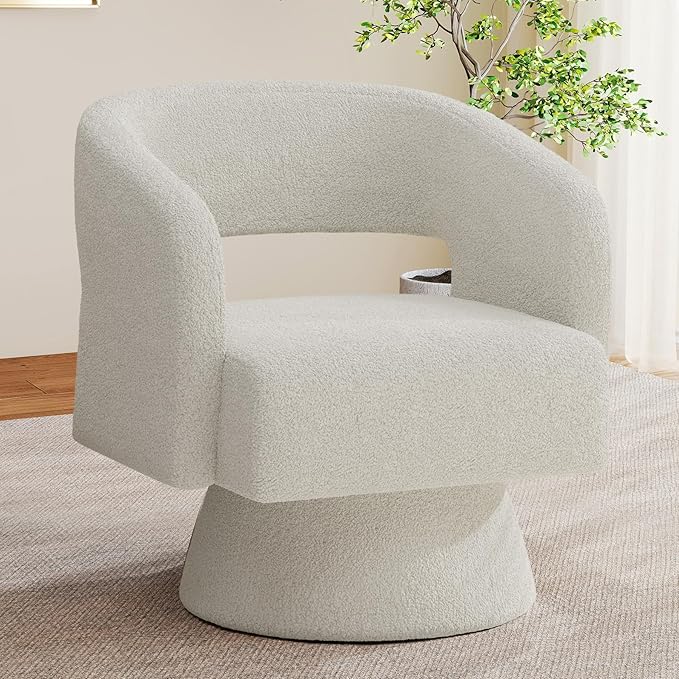 Swivel Accent Chair, Modern Comfy Teddy Barrel Chairs, Oversized Upholstered Round Arm Chair for Living Room, Bedroom, Reading Room, White, 1 PCS