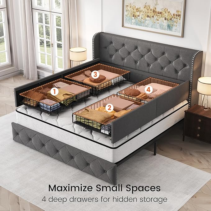 LARMACE Queen Size Platform Bed Frame with 4 Storage Drawers and Tufted Headboard Linen Upholstered Bed Wingback Bed Frame with Wooden Slats Support, Easy Assembly, Light Grey