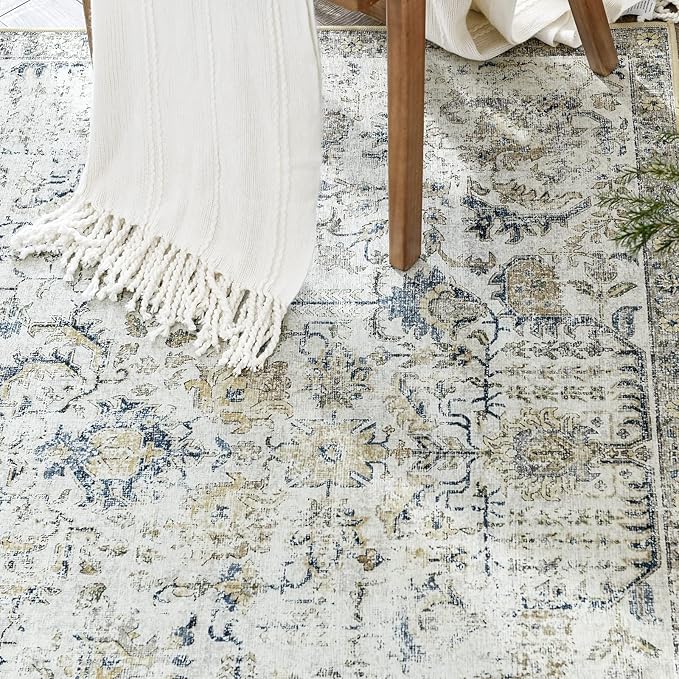 jinchan Kalen Area Rug 2x3 Washable Entryway Rug Vintage Doormat Indoor Entrance Lightweight Thin Retro Distressed Door Mat Floral Print Country Boho Non Slip Carpet for Bathroom Kitchen Bedroom Blue
