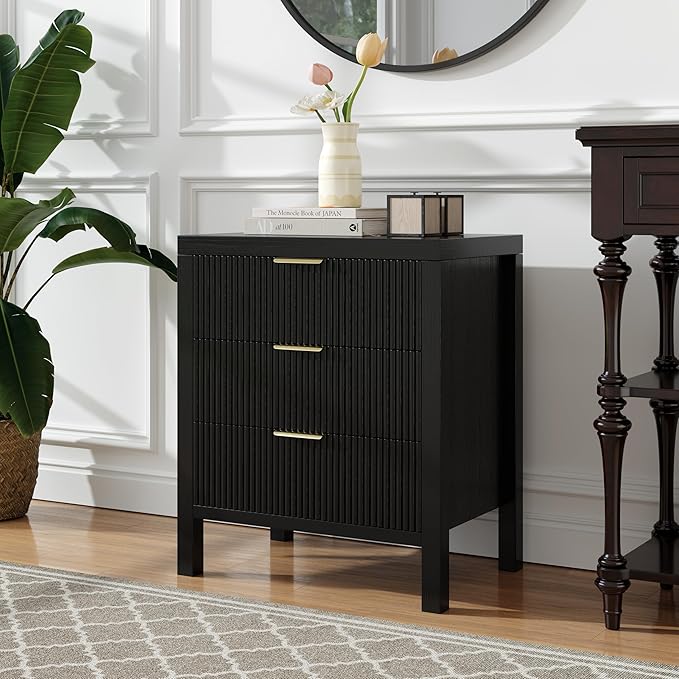 End Table with Storage, Wooden Farmhouse Nightstands with 3 Drawers, Bedside Table - Boho Tall Side Table Accent for Bedroom, Living Room, Black
