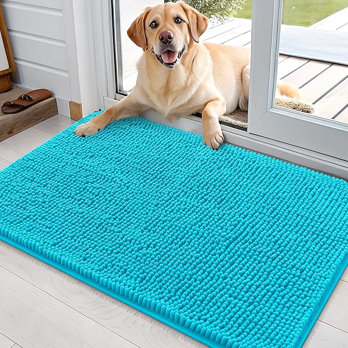 OLANLY Dog Door Mat for Muddy Paws 36x24, Absorbs Moisture and Dirt, Absorbent Non-Slip Washable Doormat, Quick Dry Chenille Mud Mat for Dogs, Entry Indoor Entryway Carpet for Inside Floor, Aqua Blue