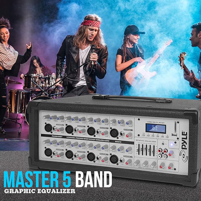 Pyle 800W Bluetooth Stage Powered Mixer - 8-Channel Pro Audio Sound System with MP3/USB/SD Readers - RCA/1/4” Effects Loop - Aux Input - Digital LCD Display - Built-in Cooling Fan - PMX840BT