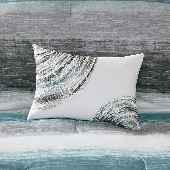 Madison Park Essentials Twin Comforter Set, Bed in a Bag Twin, Watercolor Print Coastal Comforter & Chambray Cotton Sheet Set, All Season Bedding Set, Saben, Aqua Twin (68 in x 86 in) 7 Piece
