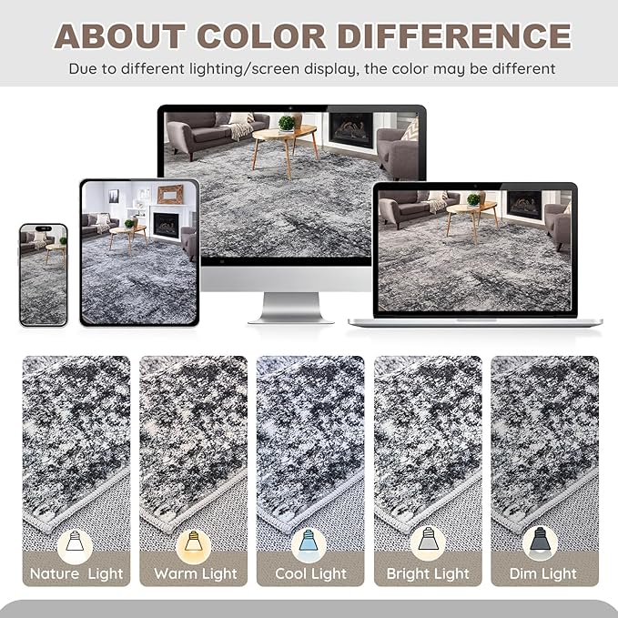 Area Rug Living Room Rugs - 8x10 Large Soft Indoor Neutral Modern Abstract Low Pile Washable Rug Carpet for Bedroom Dining Room Farmhouse Home Office - Grey