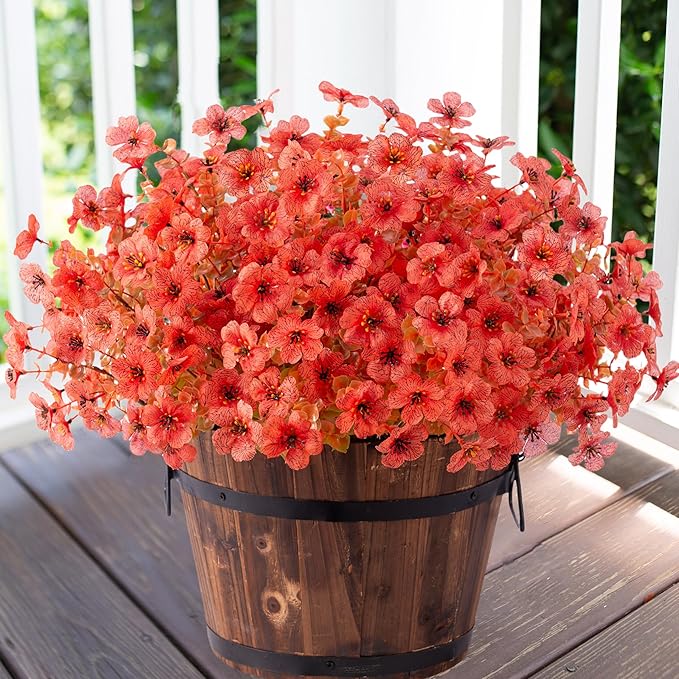 HyeFlora Artificial Fall Flowers Faux Mums for Outdoor Indoor Garden Home Decoration, Faux Flower Daisy with Eucalyptus Leaves Fake Mums Plants Greenery Boxwood Porch Patio, 12 Bundles (F Orange)