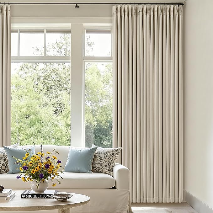 94 Inch Long Blackout Curtains Thick Linen Pinch Pleated Curtains 2 Panels for Bedroom Living Room Darkening Light Blocking Energy Save Pinch Pleat Back Tab 94 Inch Window Drapes Cream Beige Oatmeal