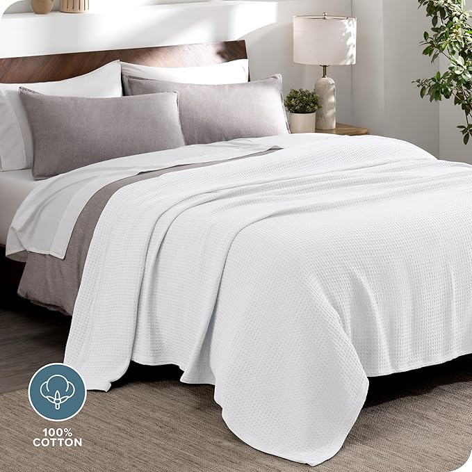 Bare Home White Waffle Blanket, 108Wx90L, 100% Cotton, Soft & Breathable for All Seasons, Lightweight Blanket, Perfect for Layering Bed, Sofa & Couch (King/Cal King, White)