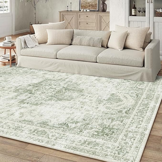 6x9 Vintage Washable Area Rugs Boho Medallion Large Distressed Retro Accent Carpet Floral Non-Slip Soft Low Pile Indoor Throw Rug for Living Room Bedroom Dining Room Office Kitchen, Green