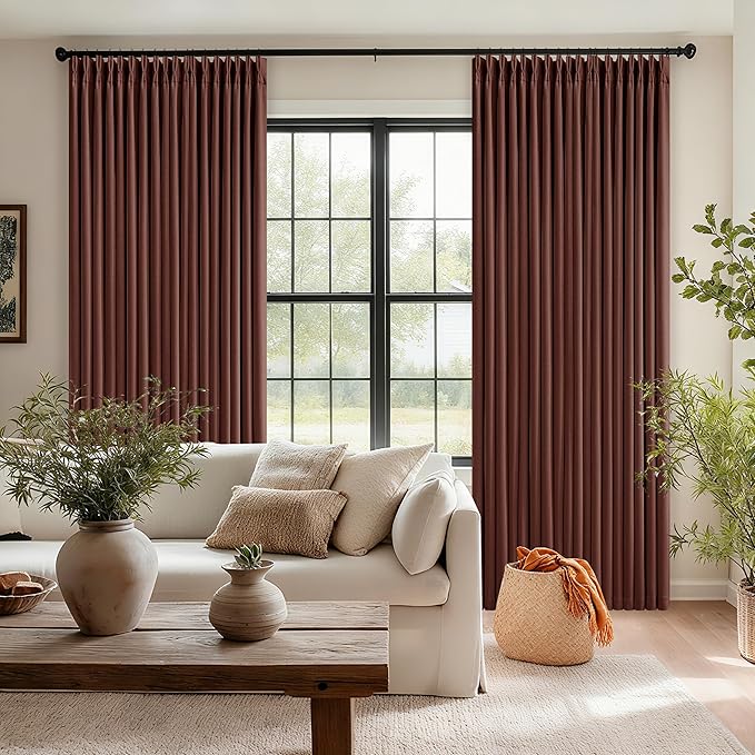 Red Brown 80 Inch Pinch Pleated Black Out Curtains 2 Panel Set for Living Room Pinch Pleat Linen Drapes with Liner 80 Inches Long 100% Blackout Light Blocking Energy Saving Curtain for Dining Bedroom
