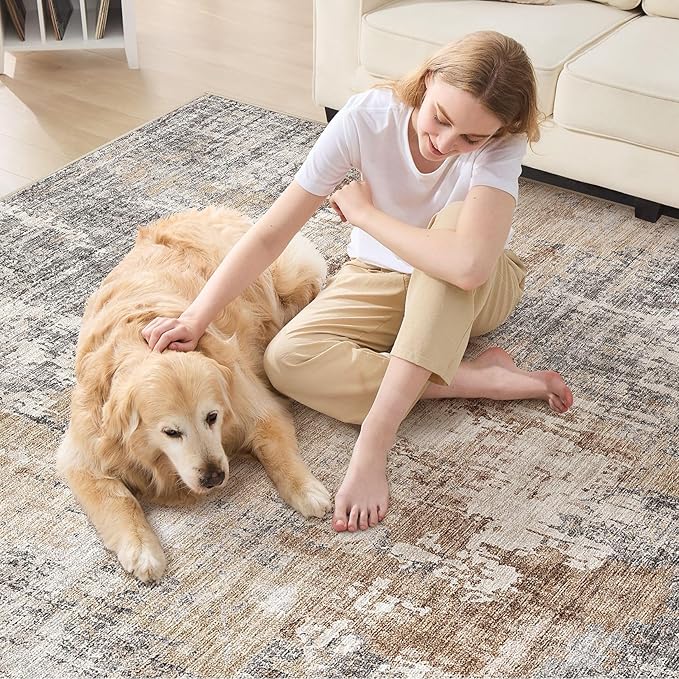 Square Area Rug Living Room Rugs - 8x8 Washable Large Soft Indoor Neutral Modern Abstract Low Pile Rug Carpet for Bedroom Dining Room Farmhouse Home Office - Grey Brown