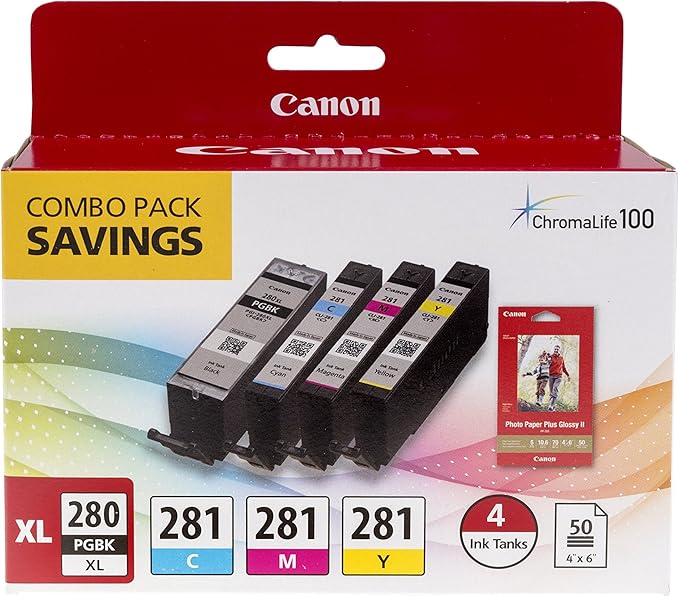 Canon PGI-280XL PGBK/CLI-281CMY Ink and Photo Paper Bundle