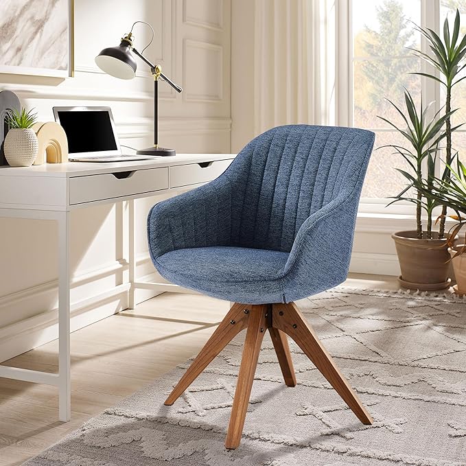 Zouron Mid Century Modern Accent Chair with Wooden Legs, Upholstered Swivel Chair No Wheels, Side Accent Armchair Vanity Chair for Small Space Home Office Living Room Bedroom, Blue