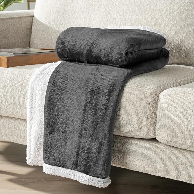 PAVILIA Sherpa Fleece Throw Blanket for Couch, Dark Grey, Plush Soft Fuzzy Sofa Blanket, Cozy Reversible Winter Throw for Women Men, 50x60 Inches