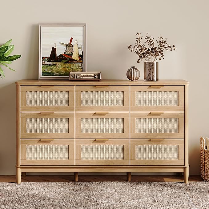 LINSY HOME Rattan Dresser for Bedroom with 9 Drawers, 58" Wide Chest of Drawers, Mid Century Modern Dresser TV Stand with Metal Handle, Wood Closet Storage Cabinet for Living Room, Hallway, Oak
