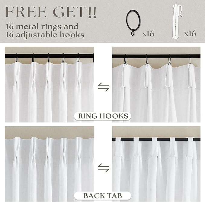Custom Pinch Pleated 105 Inch Curtains 2 Panels Set for Windows White Linen Blend Curtains Pinch Pleat Back Tab Privacy Light Filtering Boho Drape with Hooks and Rings for Living Room Bedroom