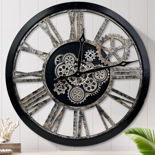 Large Wall Clock, Clocks for Living Room Decor Oversized 30 Inch Wall Decor Farmhouse Vintage Rustic Industrial Roman Big Chic Home Decor Wall Clock for House Bedroom Office, Moving Gears Clock