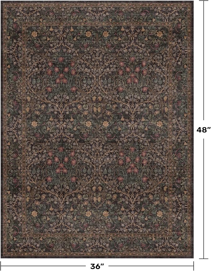 Vintage Dark Brown 3x4 Entryway Rug, Washable Small Area Rugs for Entryway,Kitchen,Bathroom,Door Mat,Indoor Entrance, Oriental flolal Low Pile Stain Resistant Non-Slip Large Rug