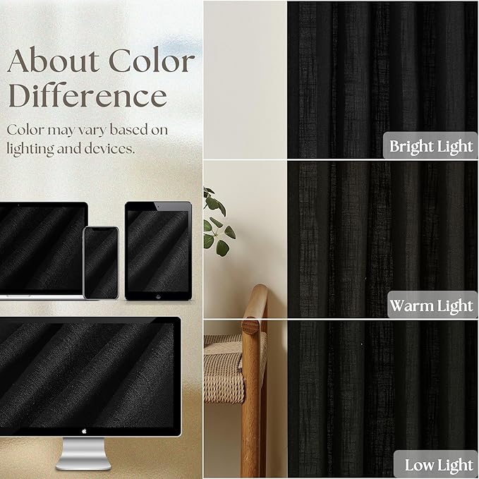 Black Linen Semi Sheer Curtains 90 Inches Long for Living Room Bedroom Light Filtering Black Textured Burlap Pinch Pleated Curtains 90 Length Hooks Rings Back Tab for Sliding Door 2 Panels