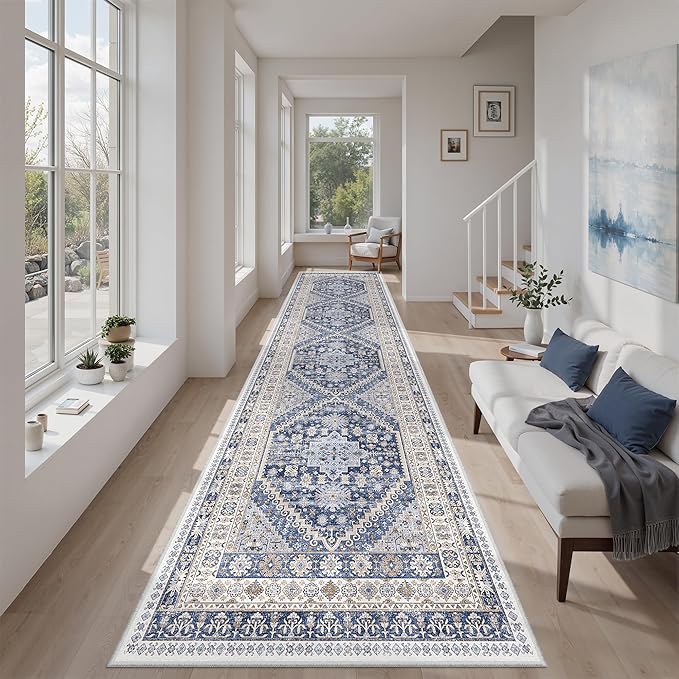 zesthome Washable Runner Rug 2.5x10 - Stain Resistant Entryway Rug,Ultra-Thin Kitchen Rugs, Anti Slip Backing Runner Rugs for Entrance Laundry Room Indoor Hallway (Blue/Beige,2.5'x10')