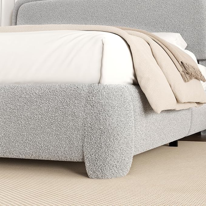 Full Size Platform Bed Frame with Headboard, Boucle Upholstered Desige, Anti-Collision Corners, Soft Rounded Corners, No Box Spring Required, Easy Assembly, Noise Free