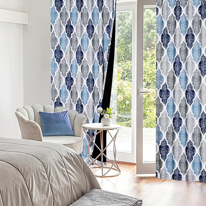 Beauoop 100% Blackout Curtains 63 Inches Long 2 Panels for Bedroom Living Room Blue Grey Moroccan Geo Room Darkening Thermal Insulated Soundproof Rod Pocket Back Tab Window Treatments Drapes, 50x63