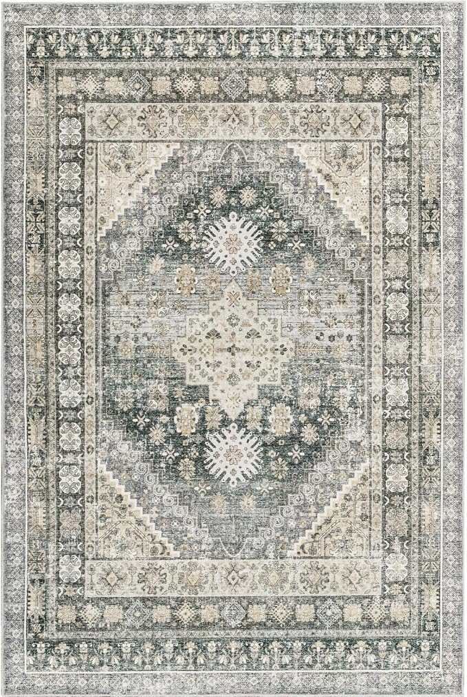zesthome 8x10 Area Rugs for Living Room,Non-Slip Backing Washable Rugs,Vintage Large Area Rug，Stain Resistant Home Decor Rug (Wheat/Charcoal,8'x10')