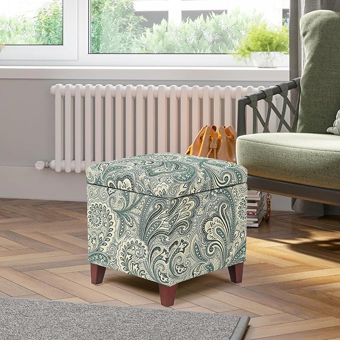 Adeco 18 Inch High Cube Ottoman Storage, Paisley Linen Chair Foot Stools, Upholstered Vanity Stool with Hinged Lid, Solid Wood Legs