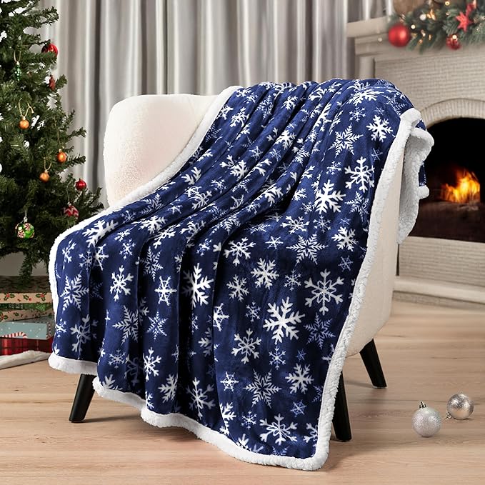 PAVILIA Premium Christmas Sherpa Throw Blanket | Blue Snowflake Decoration, Fleece, Plush, Warm, Cozy Reversible Microfiber Holiday Blanket 60 x 80 Inches