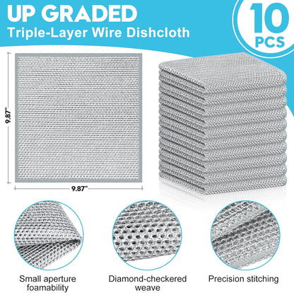 10 Pcs New Upgraded 3 Layers Non Scratch Wire Dishcloth, Multipurpose Wire Dishwashing Rags, Wet & Dry for Cookware, Sinks, Dishes, Stoves & Fireplaces 9.87“ x 9.87”
