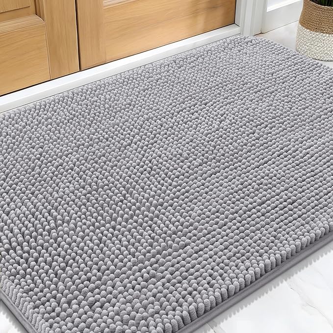 OLANLY Dog Door Mat for Muddy Paws 30x20, Absorbs Moisture and Dirt, Absorbent Non-Slip Washable Doormat, Quick Dry Chenille Mud Mat for Dogs, Entry Indoor Entryway Carpet for Inside Floor, Light Grey